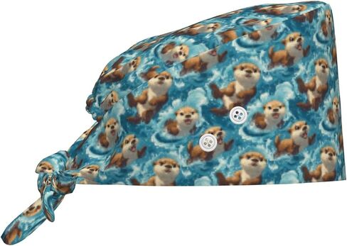 Ocean Fun Otter Print Scrub Caps Women Men, Adjustable Nurse Cap Surgical Caps Scrub Hats for Women Men, Working Cap with Buttons for Hanging Face Masks Black in Kuwait