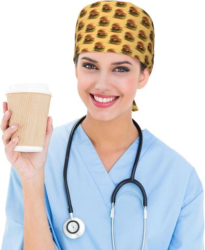 Realistic Beef Burger A Print Scrub Caps Women Men, Nurse Cap Surgical Caps Scrub Hats for Women Men, Adjustable Working Cap with Sweatband Black in Kuwait