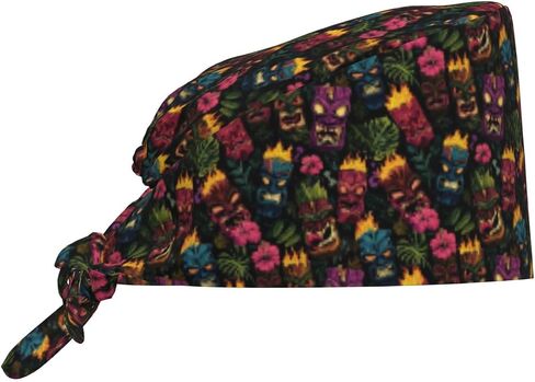 قبعات فرك مطبوعة من Tropical Luau Tiki Totem للنساء والرجال، قبعات ممرضة جراحية قبعات فرك للنساء والرجال، قبعة عمل قابلة للتعديل مع عصابة رأس سوداء in Kuwait
