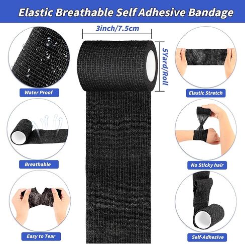 60 Pack Black Self Adhesive Bandage Wrap Bulk 3 Inch x 5 Yards Cohesive Bandage,Vet Wrap Breathable Elastic Self-Adherent Tape for Stretch Athletic Sports Wrist Ankle Dogs Pet Vet Wrap in Kuwait