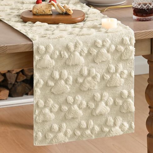 Artoid Mode Beige Soft Plush Faux Fur Jacquard Paws Pet Table Runner, Kitchen Dining Table Decoration for Home Party Decor 13x72 Inch in Kuwait