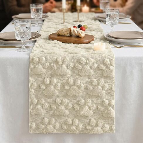 Artoid Mode Beige Soft Plush Faux Fur Jacquard Paws Pet Table Runner, Kitchen Dining Table Decoration for Home Party Decor 13x72 Inch in Kuwait