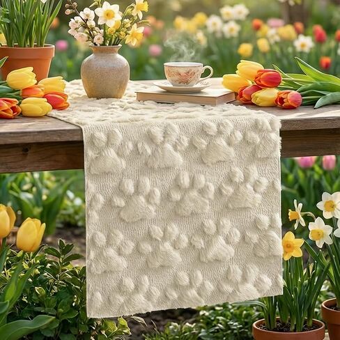 Artoid Mode Beige Soft Plush Faux Fur Jacquard Paws Pet Table Runner, Kitchen Dining Table Decoration for Home Party Decor 13x72 Inch in Kuwait