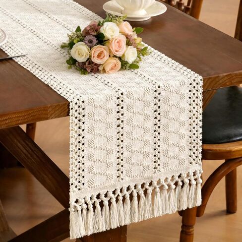 Beige Woven Cotton Linen Table Runner 11"x36" with Tassels Boho Rustic Macrame Farmhouse Table Runner Summer Decor for Dining Room Wedding Kitchen Party in Kuwait