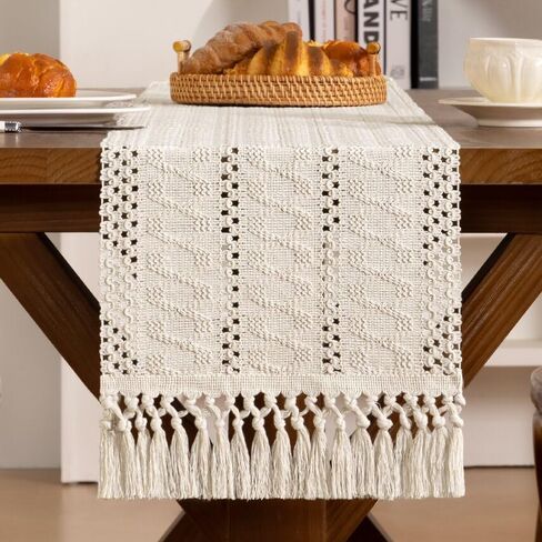 Beige Woven Cotton Linen Table Runner 11"x36" with Tassels Boho Rustic Macrame Farmhouse Table Runner Summer Decor for Dining Room Wedding Kitchen Party in Kuwait
