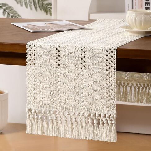 Beige Woven Cotton Linen Table Runner 11"x36" with Tassels Boho Rustic Macrame Farmhouse Table Runner Summer Decor for Dining Room Wedding Kitchen Party in Kuwait