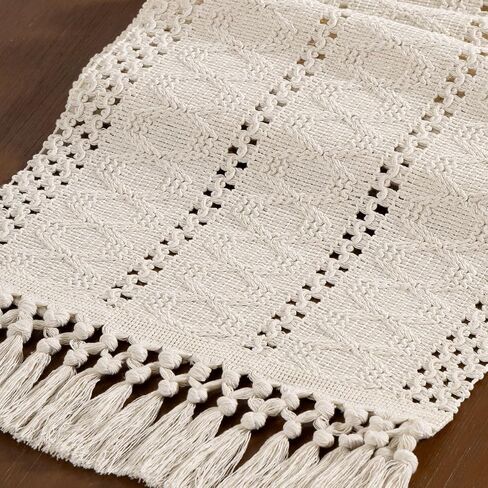 Beige Woven Cotton Linen Table Runner 11"x36" with Tassels Boho Rustic Macrame Farmhouse Table Runner Summer Decor for Dining Room Wedding Kitchen Party in Kuwait
