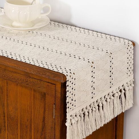 Beige Woven Cotton Linen Table Runner 11"x36" with Tassels Boho Rustic Macrame Farmhouse Table Runner Summer Decor for Dining Room Wedding Kitchen Party in Kuwait