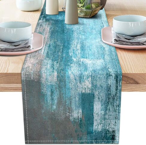 Table Runner Modern Abstract Art Painting Linen Dresser Runner Rustic Farmhouse Style Table Decor for Kitchen Dining Wedding Coffee Home Party (Teal, 13"x 71") in Kuwait