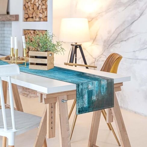 Table Runner Modern Abstract Art Painting Linen Dresser Runner Rustic Farmhouse Style Table Decor for Kitchen Dining Wedding Coffee Home Party (Teal, 13"x 71") in Kuwait
