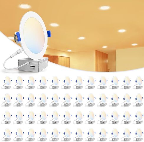VOLISUN 48 Pack 6 inch Recessed Lighting, 5CCT Ultra-Thin LED Recessed Light with Junction Box, 2700K-5000K Selectable, 1080Lumen Dimmable Canless Wafer Downlight, LED Ceiling Light ETL Certificated in Kuwait