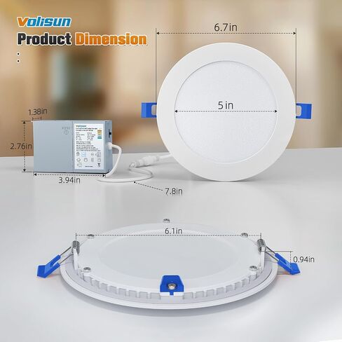 VOLISUN 48 Pack 6 inch Recessed Lighting, 5CCT Ultra-Thin LED Recessed Light with Junction Box, 2700K-5000K Selectable, 1080Lumen Dimmable Canless Wafer Downlight, LED Ceiling Light ETL Certificated in Kuwait