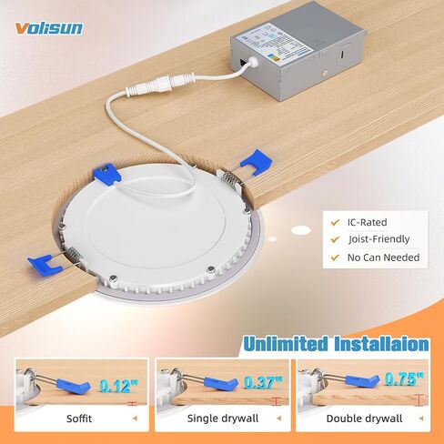VOLISUN 48 Pack 6 inch Recessed Lighting, 5CCT Ultra-Thin LED Recessed Light with Junction Box, 2700K-5000K Selectable, 1080Lumen Dimmable Canless Wafer Downlight, LED Ceiling Light ETL Certificated in Kuwait