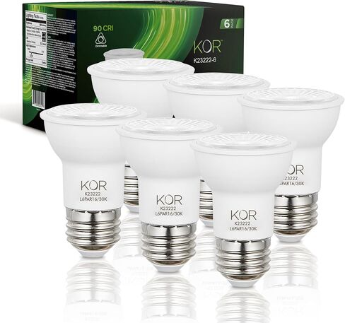 مصابيح الإضاءة الفيضانات KOR LED PAR16، 6 عبوات، ما يعادل 50 وات قابلة للتعتيم، 3000 كلفن أبيض دافئ، لمبة كشاف 6 وات داخلية وخارجية، قاعدة E26، 1250 لومن، تشطيب متجمد، تصنيف موقع رطب in Kuwait
