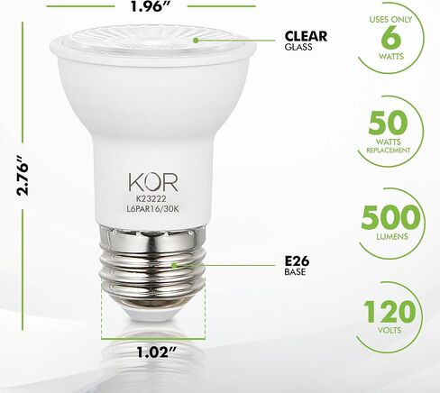 مصابيح الإضاءة الفيضانات KOR LED PAR16، 6 عبوات، ما يعادل 50 وات قابلة للتعتيم، 3000 كلفن أبيض دافئ، لمبة كشاف 6 وات داخلية وخارجية، قاعدة E26، 1250 لومن، تشطيب متجمد، تصنيف موقع رطب in Kuwait