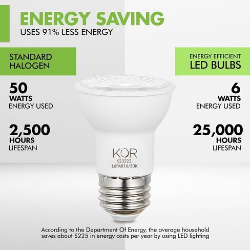 مصابيح الإضاءة الفيضانات KOR LED PAR16، 6 عبوات، ما يعادل 50 وات قابلة للتعتيم، 3000 كلفن أبيض دافئ، لمبة كشاف 6 وات داخلية وخارجية، قاعدة E26، 1250 لومن، تشطيب متجمد، تصنيف موقع رطب in Kuwait