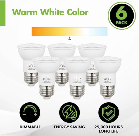 مصابيح الإضاءة الفيضانات KOR LED PAR16، 6 عبوات، ما يعادل 50 وات قابلة للتعتيم، 3000 كلفن أبيض دافئ، لمبة كشاف 6 وات داخلية وخارجية، قاعدة E26، 1250 لومن، تشطيب متجمد، تصنيف موقع رطب in Kuwait
