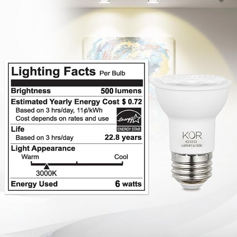 مصابيح الإضاءة الفيضانات KOR LED PAR16، 6 عبوات، ما يعادل 50 وات قابلة للتعتيم، 3000 كلفن أبيض دافئ، لمبة كشاف 6 وات داخلية وخارجية، قاعدة E26، 1250 لومن، تشطيب متجمد، تصنيف موقع رطب in Kuwait