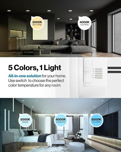 Sunco 24 Pack 5CCT LED Recessed 4 Inch, 3000K/4000K/5000K/6000K/6500K Selectable, Dimmable Can Lights, Smooth Trim, 11W=60W, 660LM, Damp Rated, Retrofit Installation - UL Certified in Kuwait