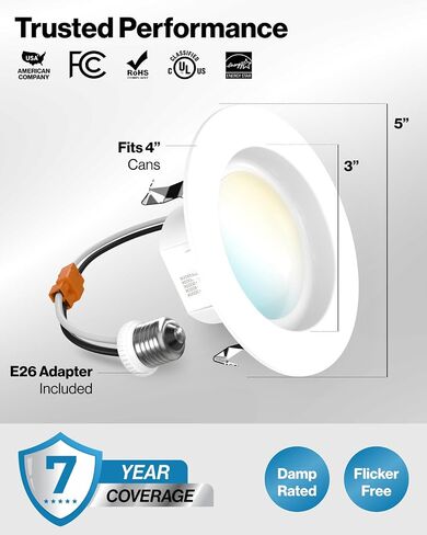 Sunco 24 Pack 5CCT LED Recessed 4 Inch, 3000K/4000K/5000K/6000K/6500K Selectable, Dimmable Can Lights, Smooth Trim, 11W=60W, 660LM, Damp Rated, Retrofit Installation - UL Certified in Kuwait