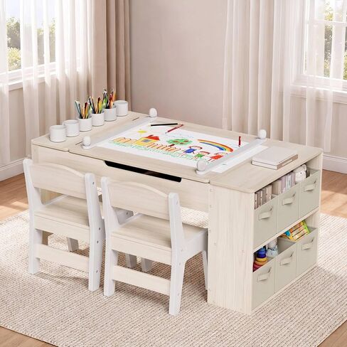 MAMIZO Kids Art Table and Chairs Set, Toddler Craft Desk w/Easel | Sturdy Wood Activity Table w/Large Drawing Tabletop, Paint Cups, Removable Bins, Paper Roll for Home Classroom Daycare in Saudi Arabia