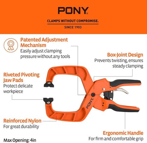PONY 2-pack 4 بوصة مشابك خشبية سريعة التحرير للأعمال الخشبية، مشابك يدوية احترافية مع تصميم صندوقي مشترك، مقابض مريحة، قوة تثبيت 40 رطل in Kuwait