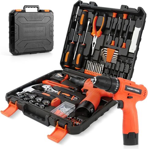 152 Piece Basic Tool Set, Portable Tool Box with 12V Cordless Drill, Home Repair Hand Tool Kit, General Household Drill Set, Toolbox with Storage Case for Homeowner, Handyman, Women, Men in Kuwait