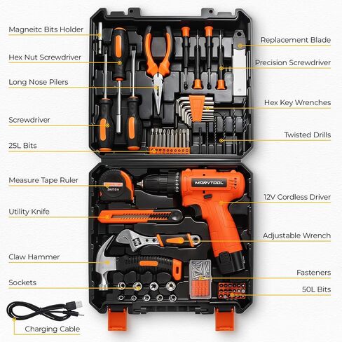 152 Piece Basic Tool Set, Portable Tool Box with 12V Cordless Drill, Home Repair Hand Tool Kit, General Household Drill Set, Toolbox with Storage Case for Homeowner, Handyman, Women, Men in Kuwait