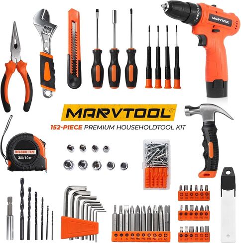 152 Piece Basic Tool Set, Portable Tool Box with 12V Cordless Drill, Home Repair Hand Tool Kit, General Household Drill Set, Toolbox with Storage Case for Homeowner, Handyman, Women, Men in Kuwait