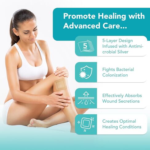Silicone Foam Dressing with Border Adhesive, 4"x4" Waterproof Wound Dressing Bandage for Wound Care, High Absorbency Breathable Bed Sore Bandages Wound Care Dressing, 5 Pack in Kuwait