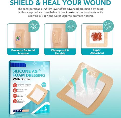 Silicone Foam Dressing with Border Adhesive, 4"x4" Waterproof Wound Dressing Bandage for Wound Care, High Absorbency Breathable Bed Sore Bandages Wound Care Dressing, 5 Pack in Kuwait