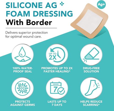 Silicone Foam Dressing with Border Adhesive, 4"x4" Waterproof Wound Dressing Bandage for Wound Care, High Absorbency Breathable Bed Sore Bandages Wound Care Dressing, 5 Pack in Kuwait