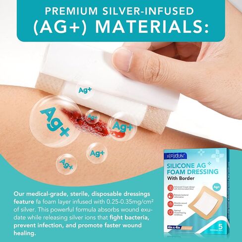 Silicone Foam Dressing with Border Adhesive, 4"x4" Waterproof Wound Dressing Bandage for Wound Care, High Absorbency Breathable Bed Sore Bandages Wound Care Dressing, 5 Pack in Kuwait