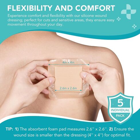 Silicone Foam Dressing with Border Adhesive, 4"x4" Waterproof Wound Dressing Bandage for Wound Care, High Absorbency Breathable Bed Sore Bandages Wound Care Dressing, 5 Pack in Kuwait