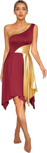 Women's Metallic Color Block Praise Lyrical Dance Dress Sleeveless Liturgical Worship Tunic Irregular Hem Dancewear in Kuwait