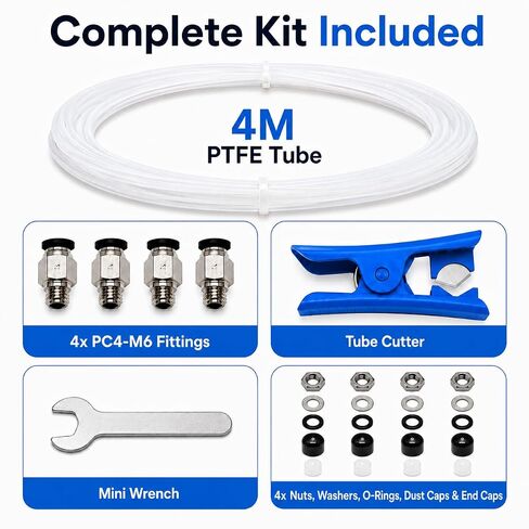 طقم أنبوب بودين PTFE 4M لخيوط 1.75 مم - أنبوب تفلون منخفض الاحتكاك مع تركيبات 4X PC4-M6، قاطع أنبوب ومفتاح ربط صغير - متوافق مع Ender 3، CR-10، Bambu Lab، Creality in Kuwait