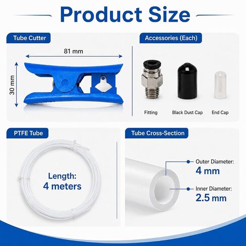 طقم أنبوب بودين PTFE 4M لخيوط 1.75 مم - أنبوب تفلون منخفض الاحتكاك مع تركيبات 4X PC4-M6، قاطع أنبوب ومفتاح ربط صغير - متوافق مع Ender 3، CR-10، Bambu Lab، Creality in Kuwait