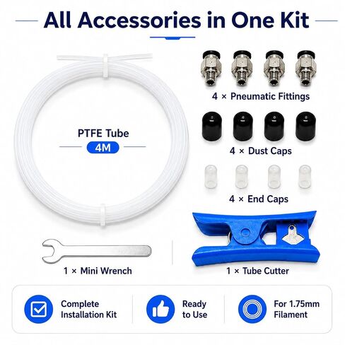 طقم أنبوب بودين PTFE 4M لخيوط 1.75 مم - أنبوب تفلون منخفض الاحتكاك مع تركيبات 4X PC4-M6، قاطع أنبوب ومفتاح ربط صغير - متوافق مع Ender 3، CR-10، Bambu Lab، Creality in Kuwait