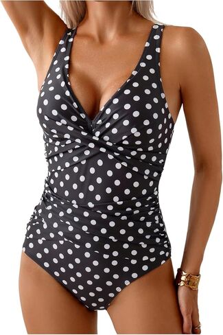 SHENHE Women's Polka Dots One Piece Swimsuit Ruched Wrap Tummy Control V Neck Bathing Suit in Kuwait