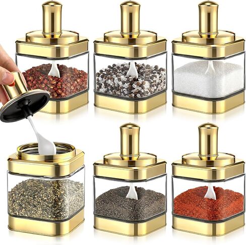 LemonRoad 6 Pack Gold Glass Condiment Pot, 12 Ounce Gold Spice Jars with Spoons and Lids, Seasoning Box Set Salt Container, Sugar Dispenser, Kitchen Containers for Flour and Sugar in Saudi Arabia