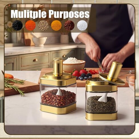 LemonRoad 6 Pack Gold Glass Condiment Pot, 12 Ounce Gold Spice Jars with Spoons and Lids, Seasoning Box Set Salt Container, Sugar Dispenser, Kitchen Containers for Flour and Sugar in Saudi Arabia