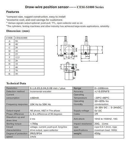 Draw-Wire Sensor CESI-S1000 1000mm Stroke 0.1mm/Pulse Encoder Type(Voltage) in Kuwait