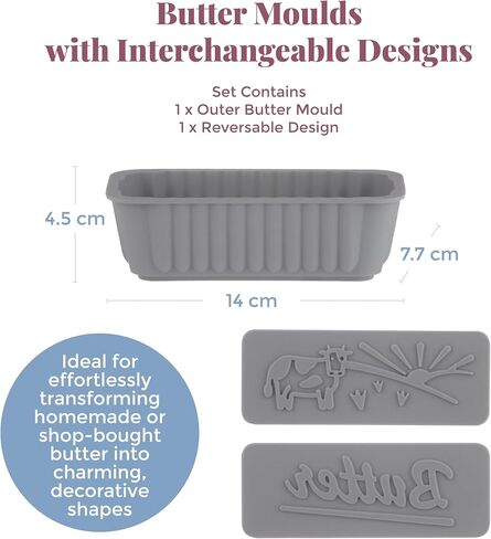Kilner Silicone Butter Mold Set, Gray, with 2 Interchangeable Design Plates, Farm and Butter Text Patterns, Dishwasher-Safe in Kuwait
