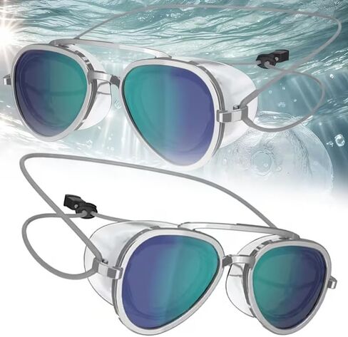 نظارات سباحة للكبار على طراز Sailor Style، مضادة للضباب، رؤية كاملة، عدسات باللون الأزرق المخضر مع دروع جانبية in Kuwait