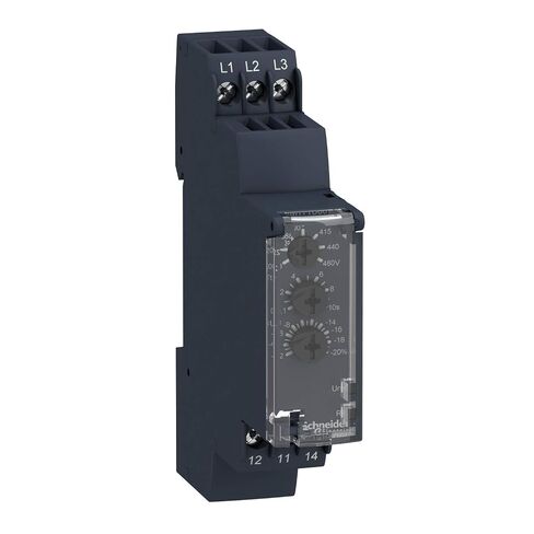 Schneider Electric Harmony Phase Control Relay, Slim Design 3-Phase Supply Monitor for Sequence, Failure, and Imbalance, 208–480VAC, 0.69" Width with Tamper-Proof Cover for Pumps, Lifts, Packaging in Kuwait