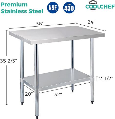 COOLCHEF Stainless Steel Work Table 24 x 36 Inch, NSF Commercial Prep Table with Undershelf, Heavy Duty Food Prep Workstation in Kuwait