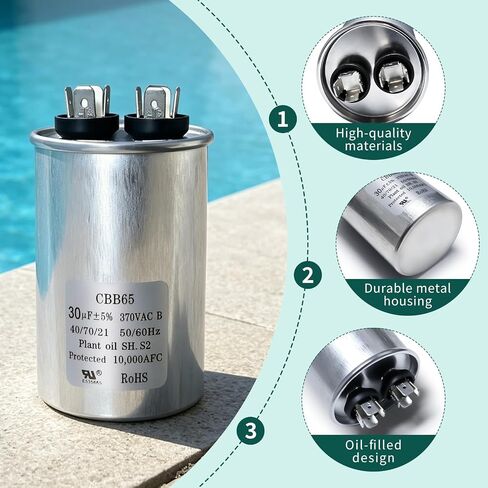 628318-308 مكثف محرك مضخة حمام السباحة يناسب Magnetek 30μF ± 5% 370VAC 628318-308 مكثف بدء دائري مزدوج التشغيل لتشغيل محرك التيار المتردد أو تشغيل المروحة أو المكثف بشكل مستقيم in Kuwait