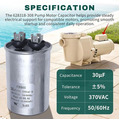 628318-308 مكثف محرك مضخة حمام السباحة يناسب Magnetek 30μF ± 5% 370VAC 628318-308 مكثف بدء دائري مزدوج التشغيل لتشغيل محرك التيار المتردد أو تشغيل المروحة أو المكثف بشكل مستقيم in Kuwait