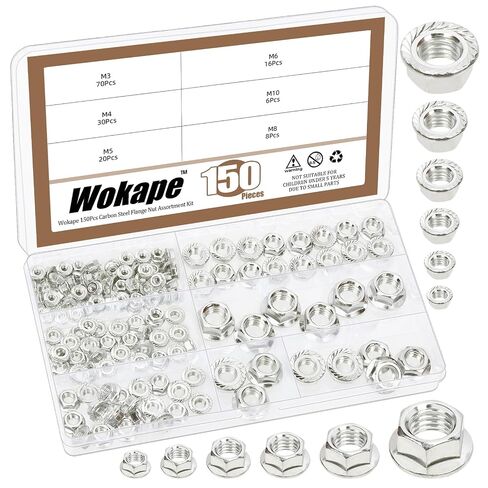 150Pcs Carbon Steel Hex Flange Nuts Assortment Kit, M3 M4 M5 M6 M8 M10 6 Metric Sizes Hexagon Serrated Lock Nuts(Nickel-Plated) in Kuwait