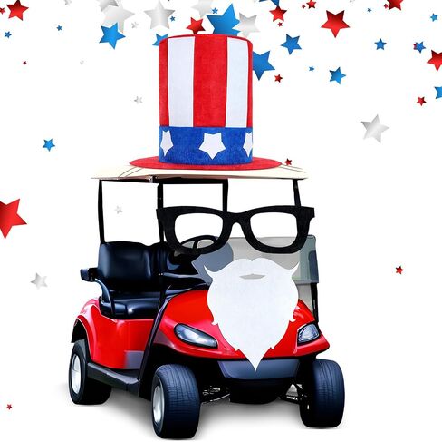 Knitgrip 4 Pcs 4th of July Golf Cart Decorations Including Jumbo Patriotic Top Hat Glasses and Beard Golf Cart Independence Day Accessories for Parade 250th Anniversary Patriotic Decor in Kuwait